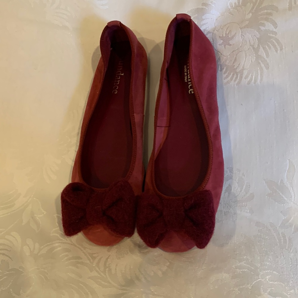 Sundance burgundy suede ballet flat with boiled wool bow.